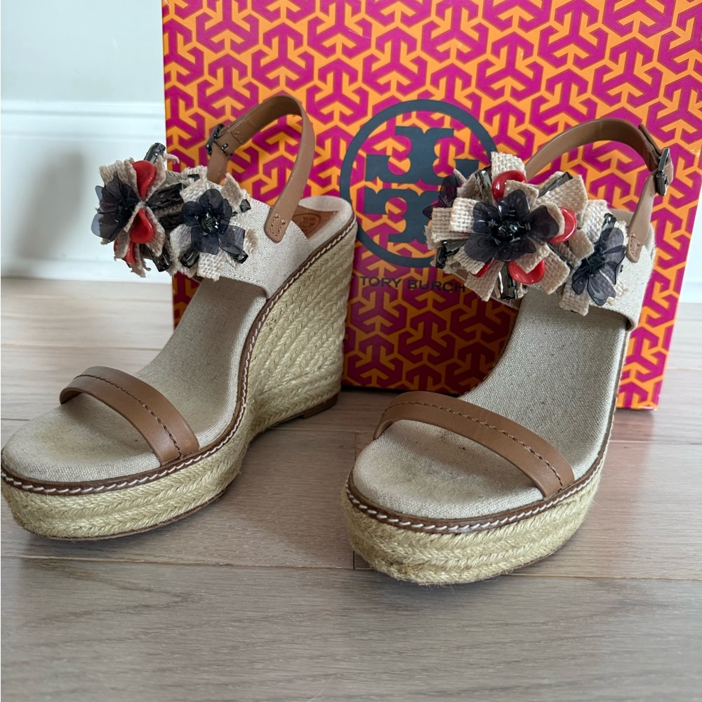Tory Burch Tan and Black Floral Wedges